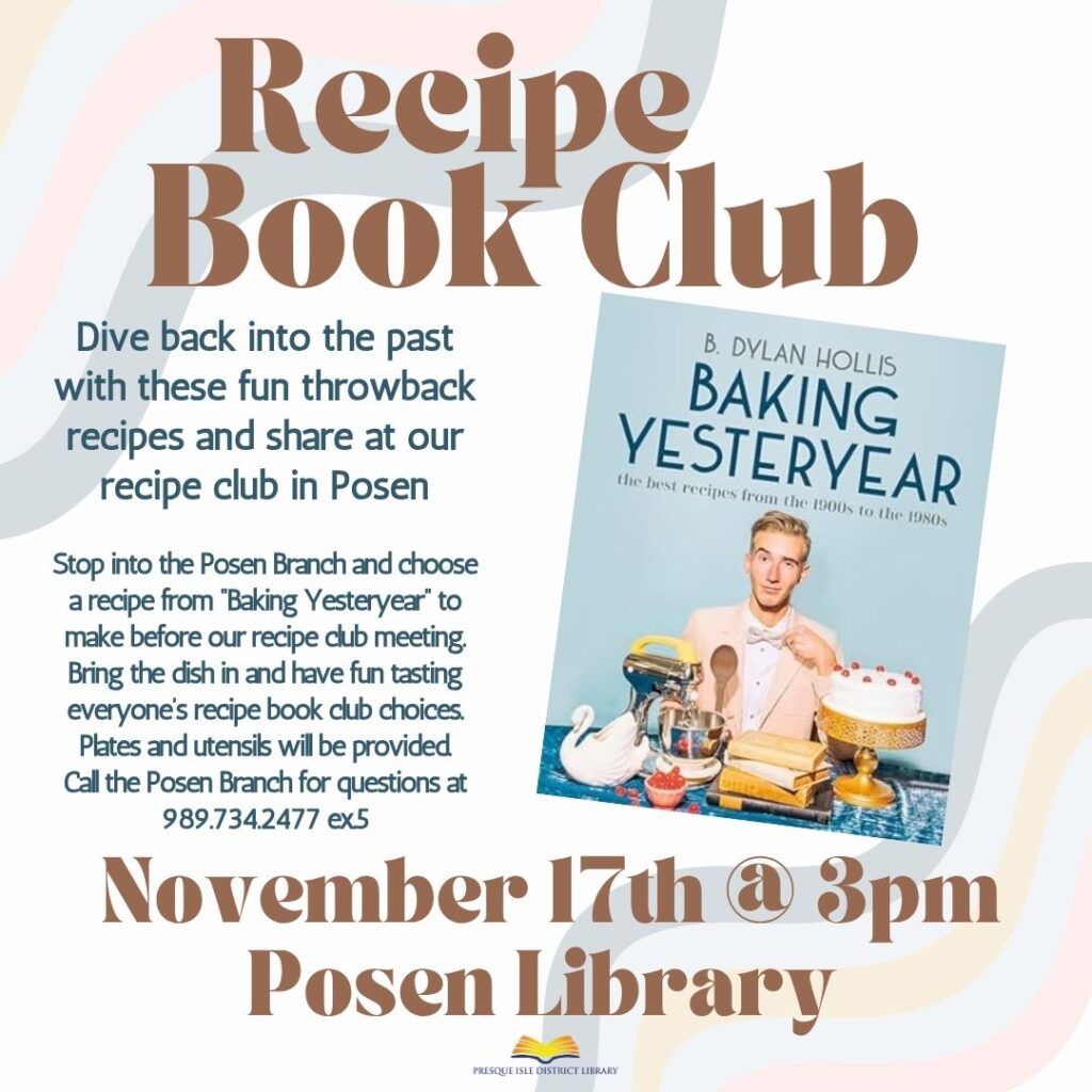 Posen Library Recipe Book Club meets Nov 17th at 3pm