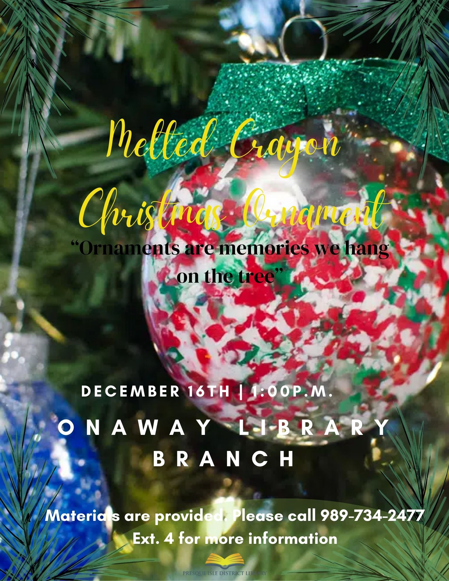 make your own melted crayon christmas ornament at the Onaway Branch Library on December 16 at 1pm 