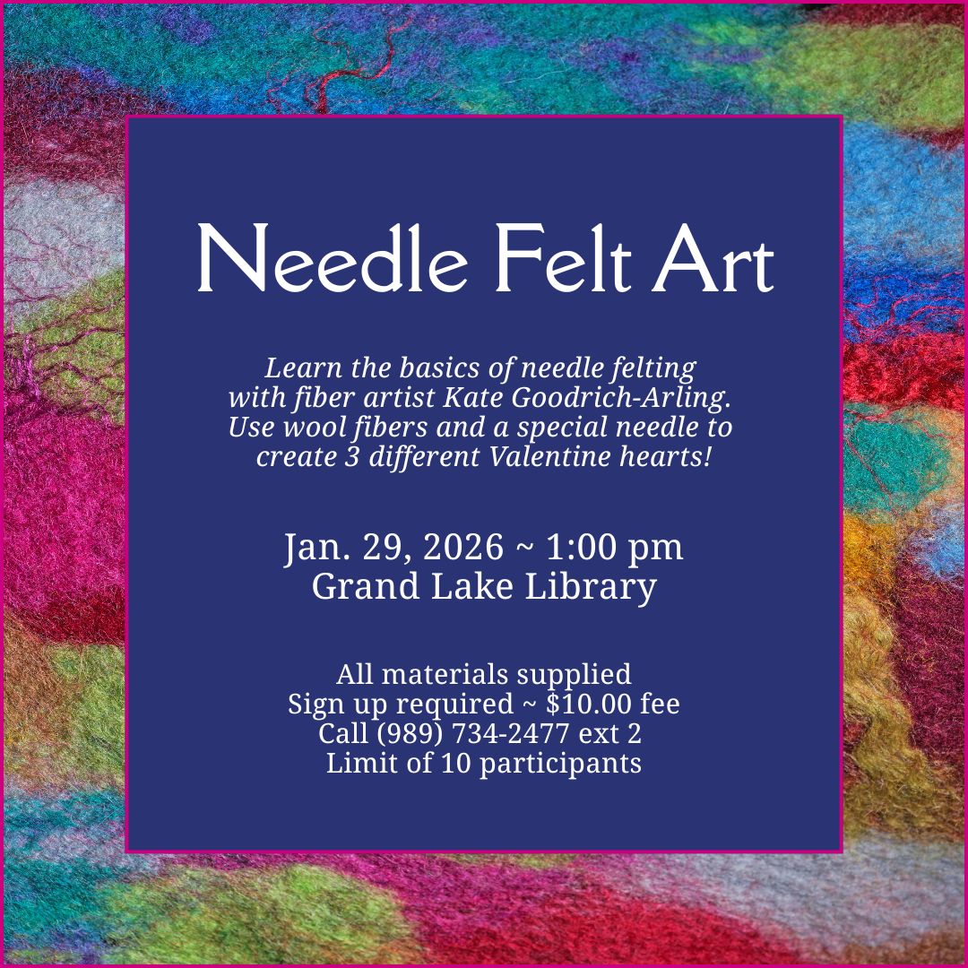Needle felt art at the Grand Lake Library on January 29 at 1pm all materials supplied $10 fee call to reserve your spot. 