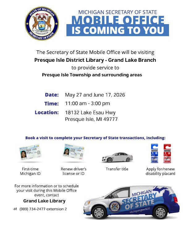 mobile secretary of state dates coming up at Grand Lake Branch Library May 27 and June 17