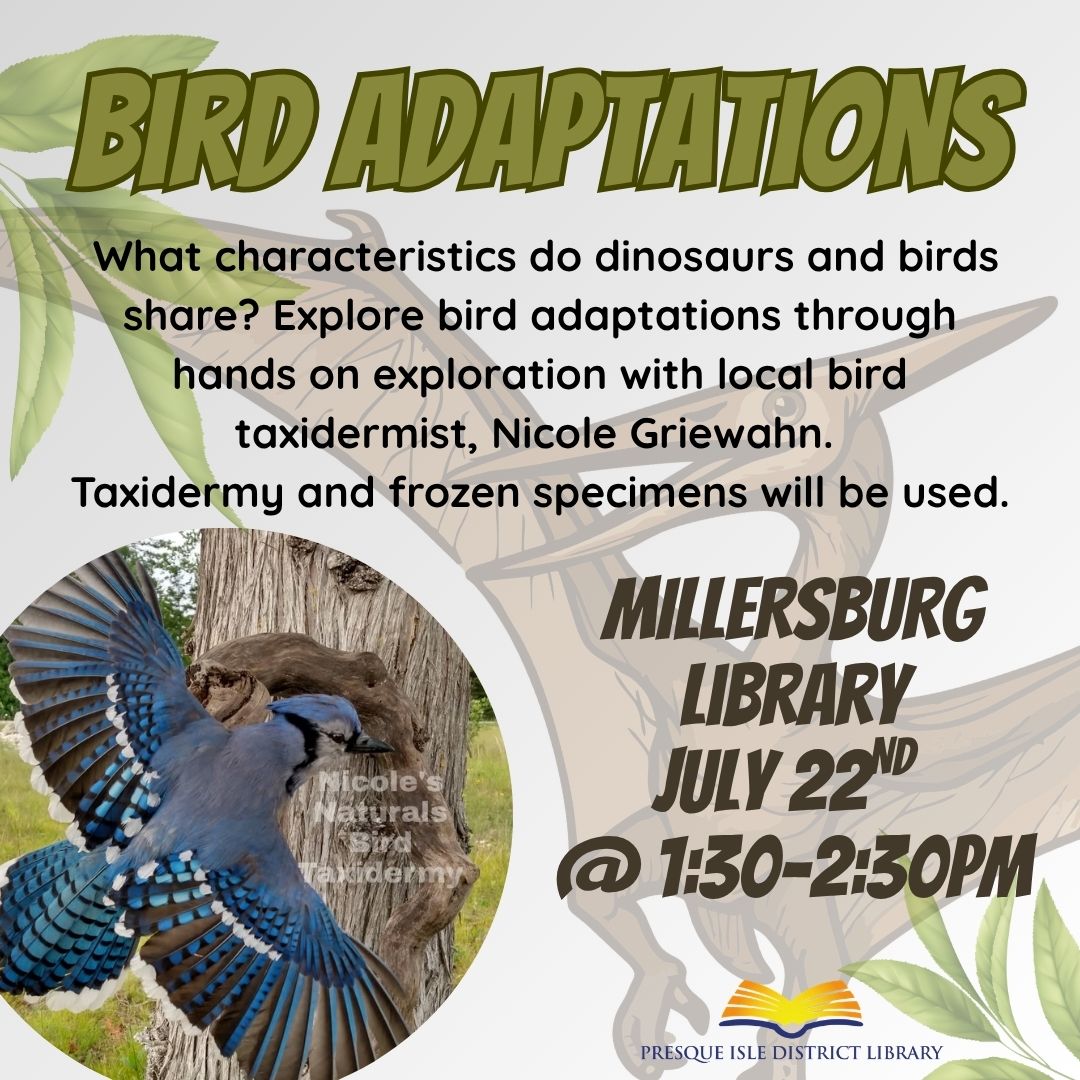 learn about birds and dinosaurs at the Millersburg Library with Miss Kelly on July 22 from 1:30-2:30 pm 