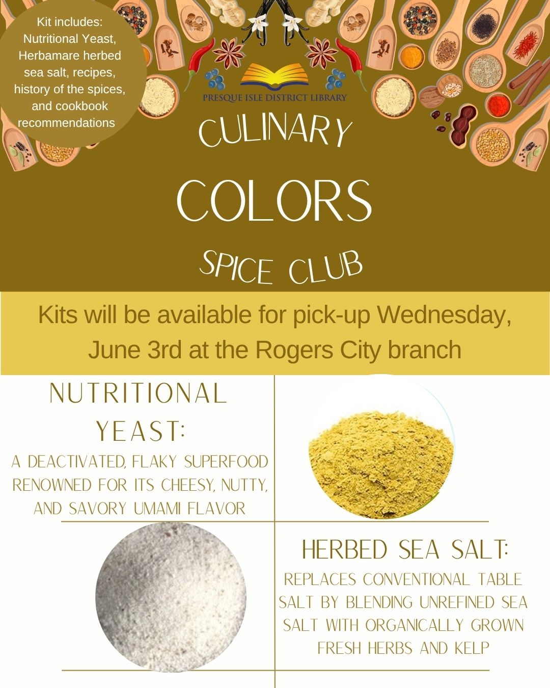 Pick up anytime in the Rogers City Library for Spice Club 