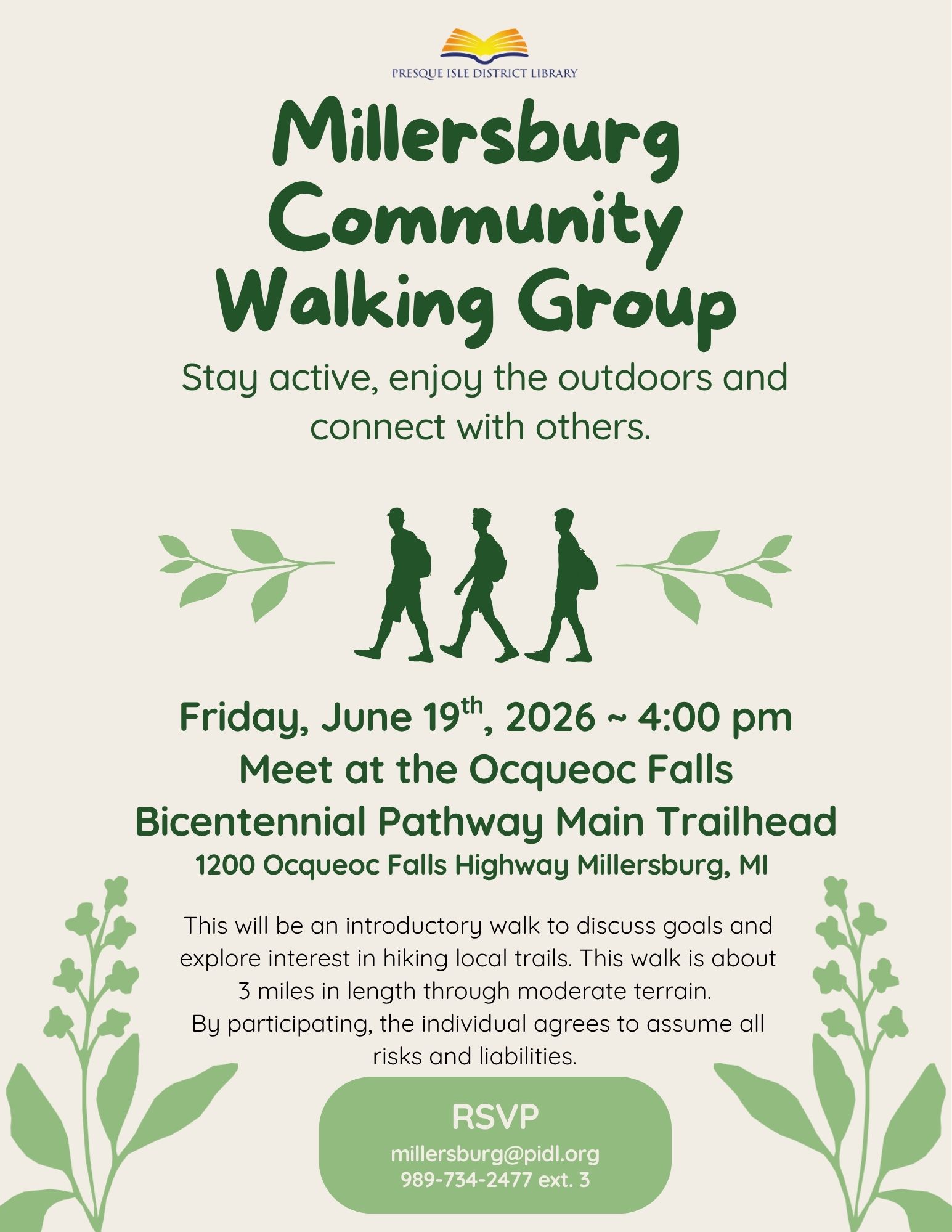 join with friends from the Millersburg library and stay active June 19th at 4pm at Ocqueoc Falls for a community hiking event.