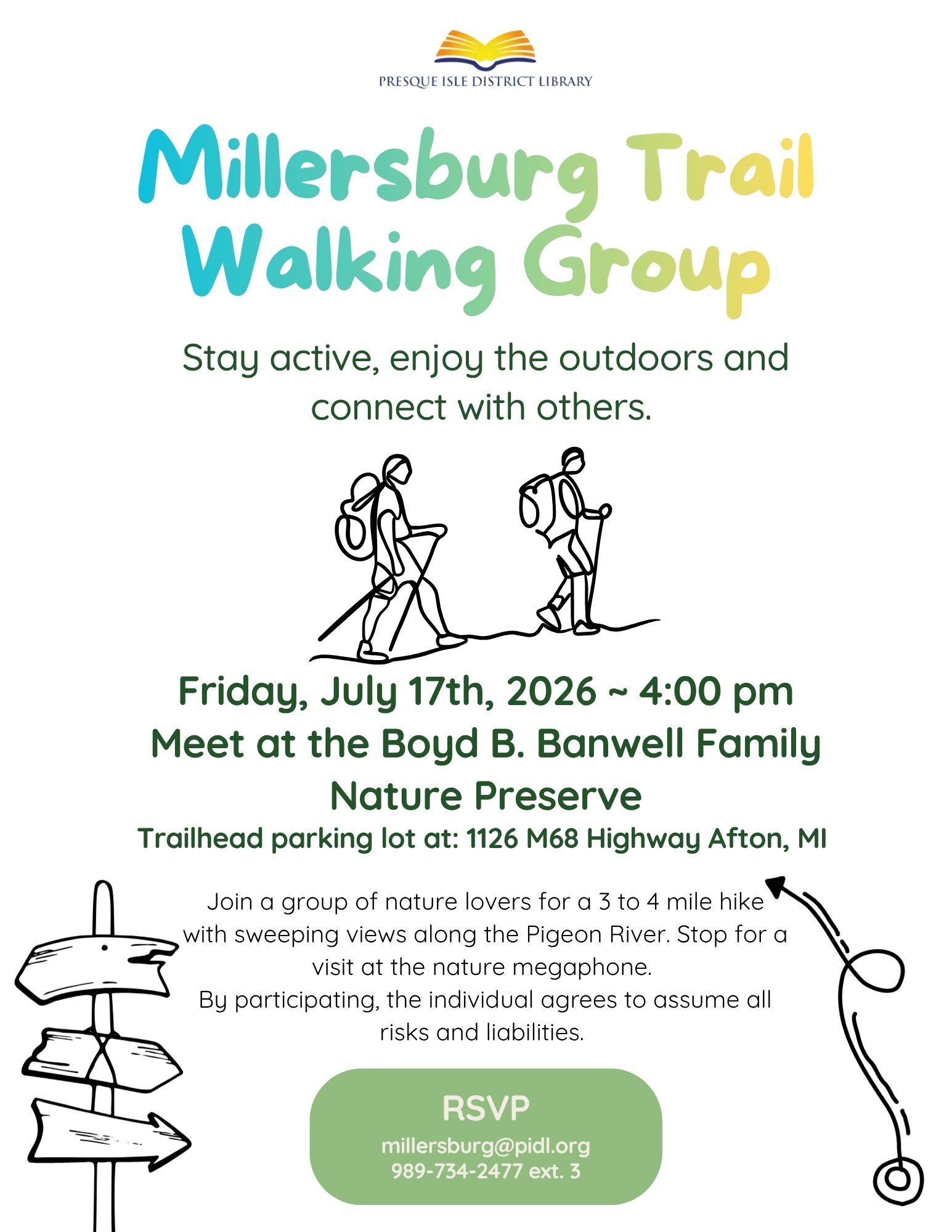 join with friends from the Millersburg library and stay active July17th at 4pm at Boyd B  Banwell Family Nature Preserve for a community hiking event.