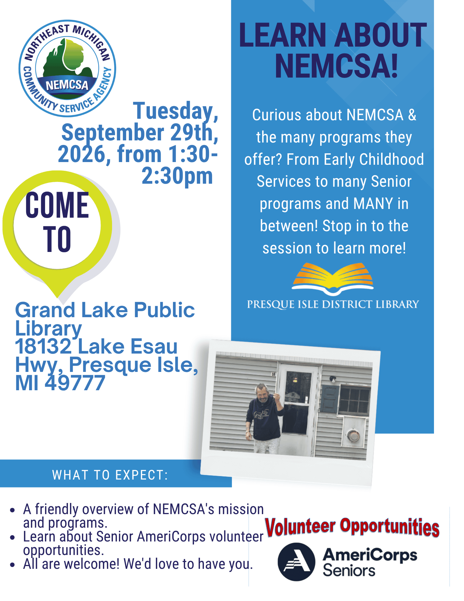 learn about NEMCSA programming for all ages at the Grand Lake Library Tuesday, Sept 29 from 1:30-2:30