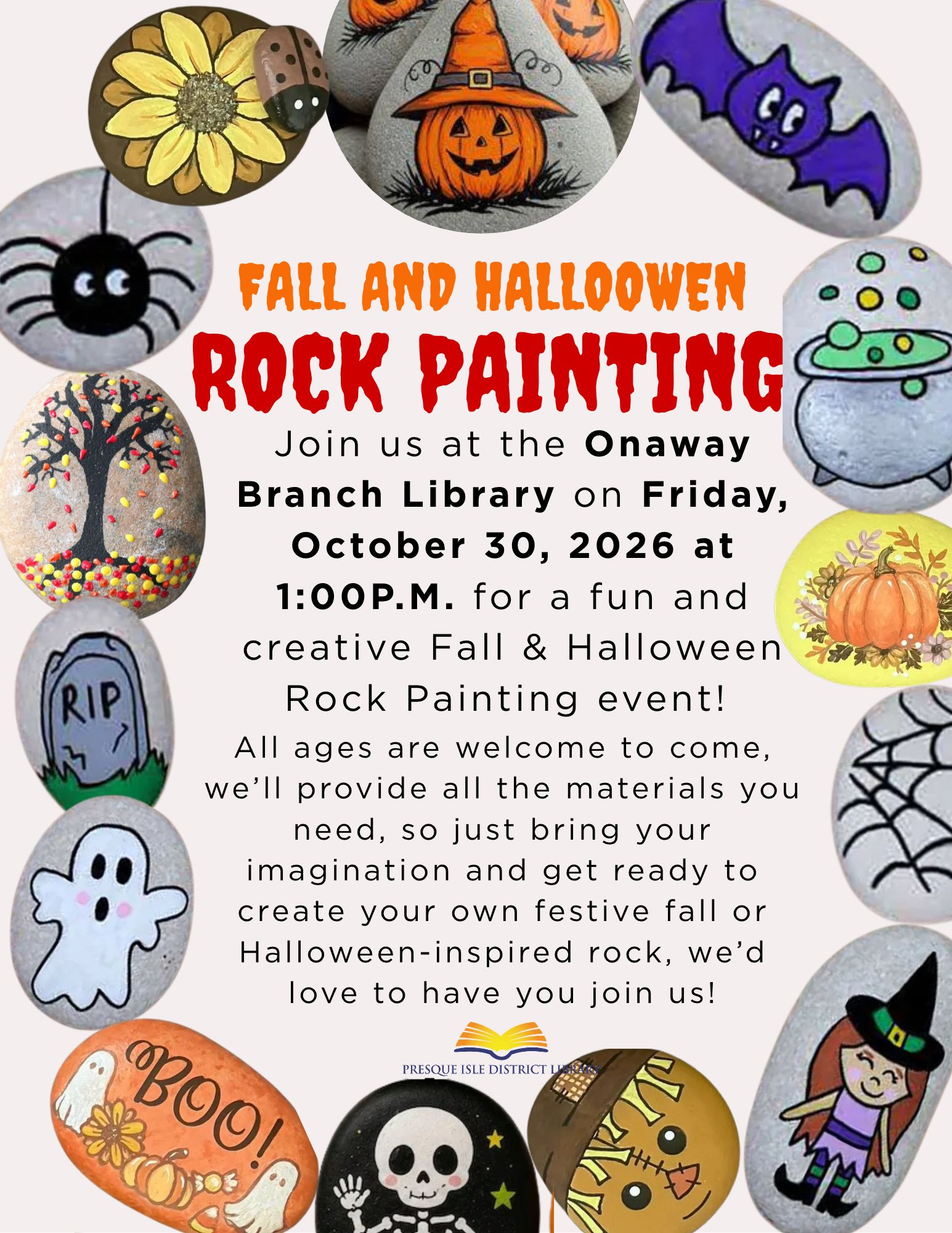 Join rock painting at Onaway Library on October 30 at 1pm 